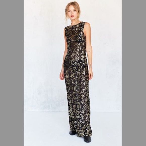 NWT: Urban Outfitters Ecote Autumn Sheer Floral Maxi Long Dress, Black, Gold, XS - Picture 1 of 7